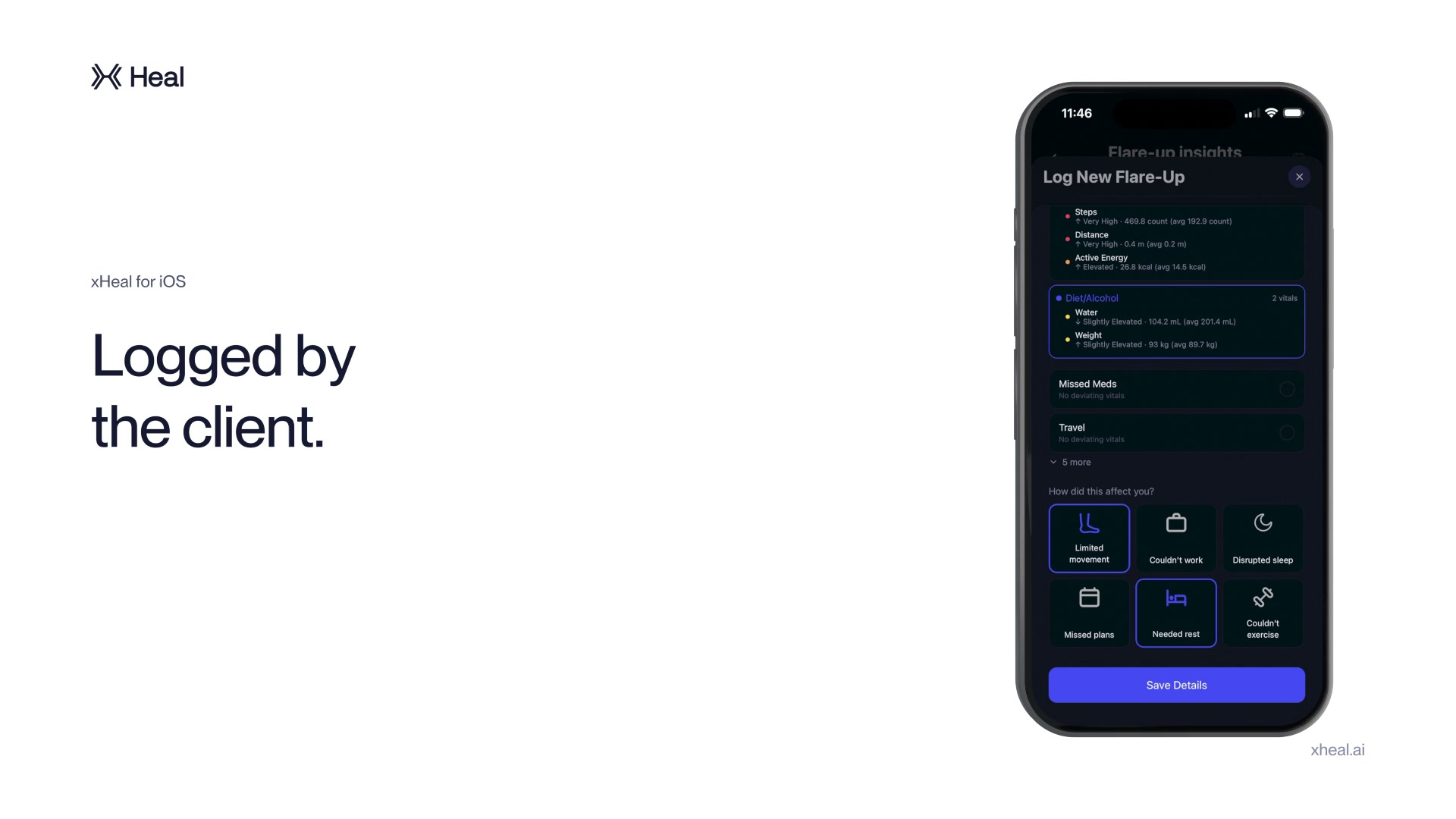 On iPhone, the Log New Flare-Up form where a client records symptoms and chooses what to share with their provider