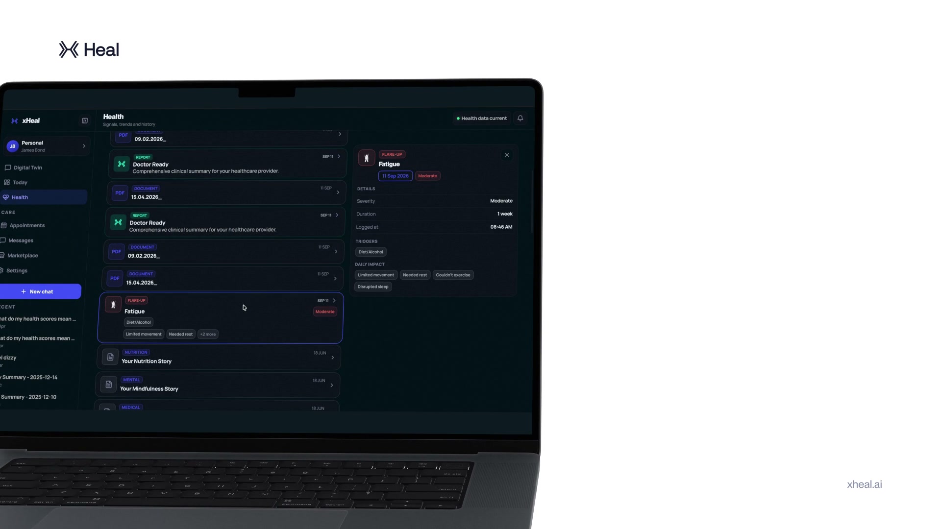Provider Workspace on a laptop, showing a client's health records, documents and reported flare-ups