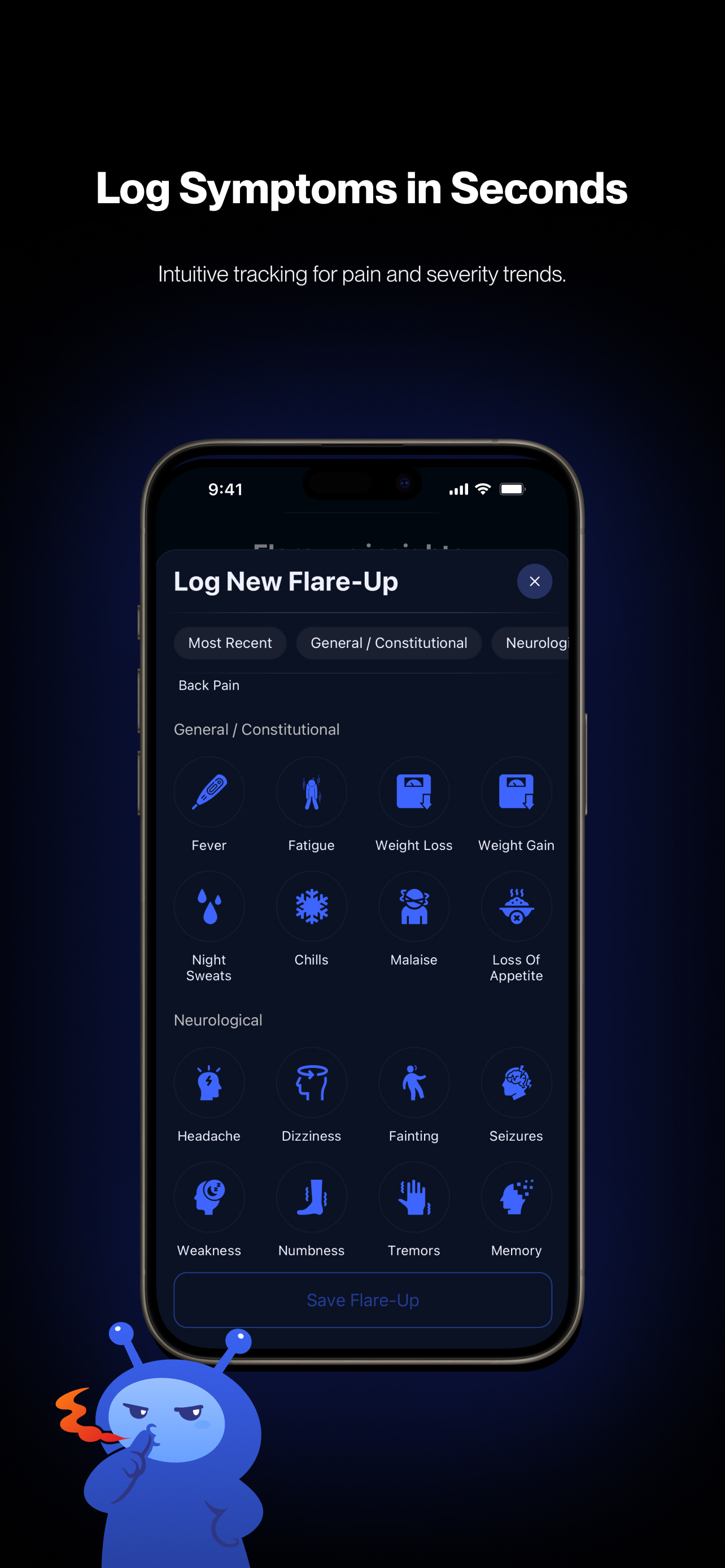 xHeal symptom tracker for quickly recording a new flare-up