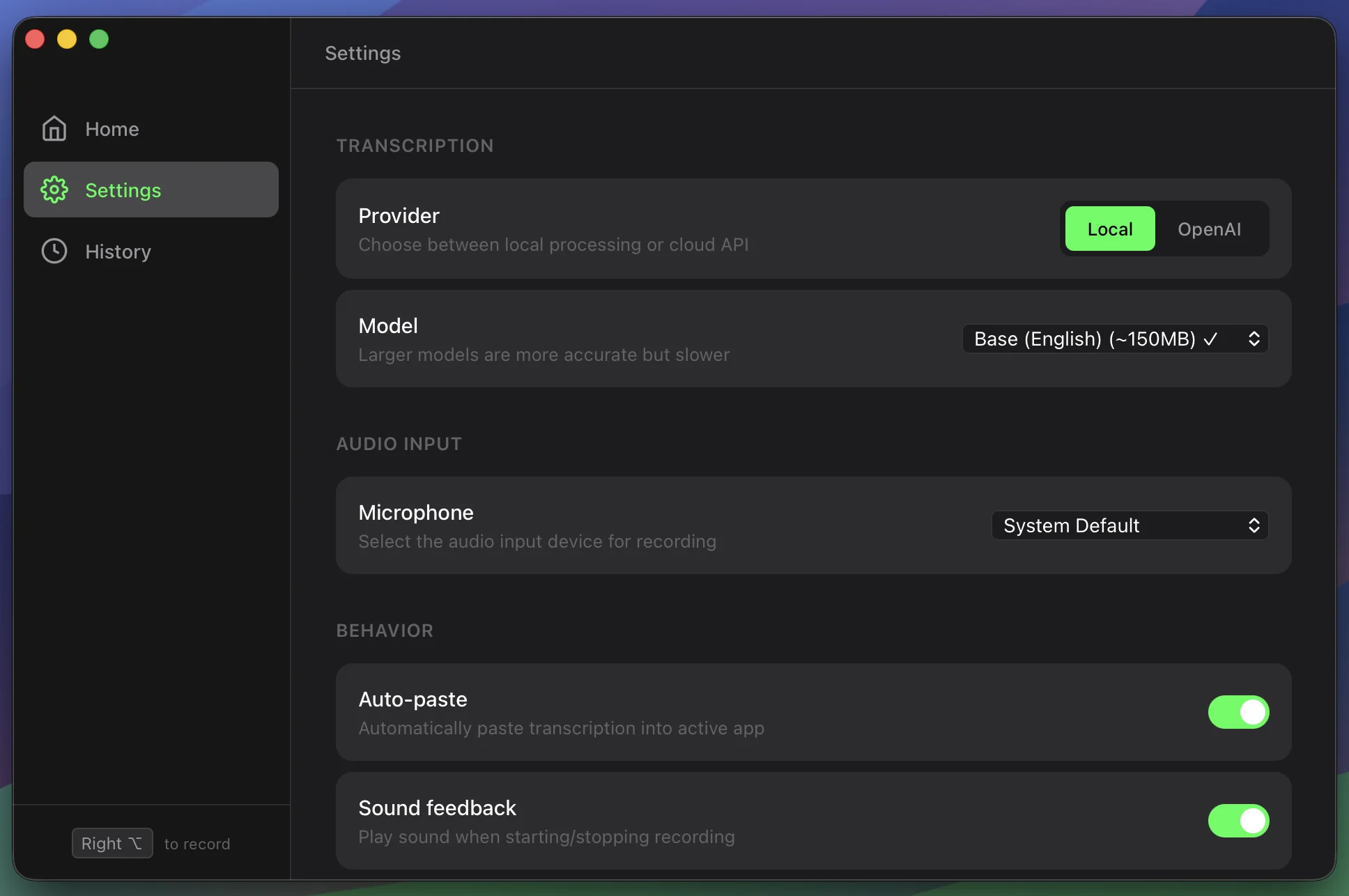 Yap settings screen for choosing local or OpenAI transcription, a model, microphone, and auto-paste behavior